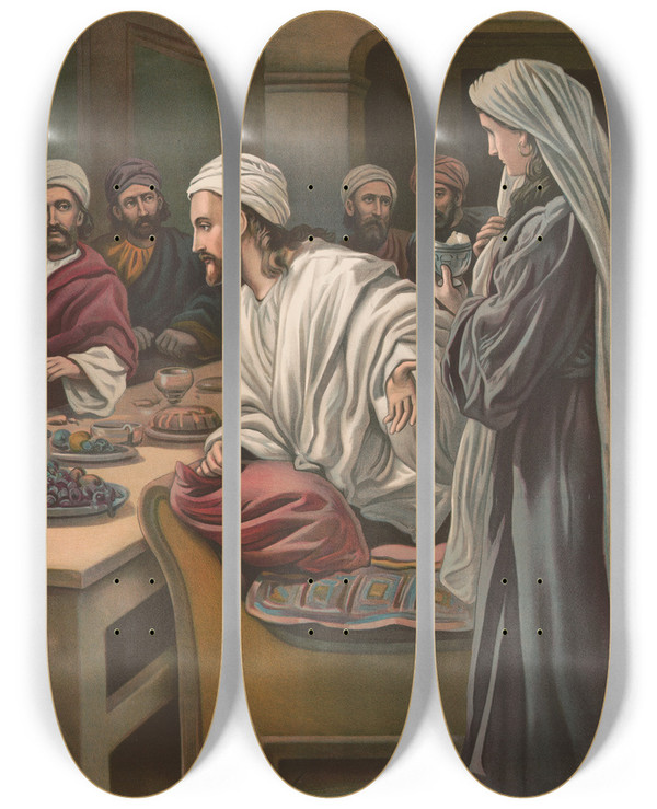 Triptych art skateboard deck of Providence Lith Co Jesus Anointed In Bethany by Providence Lith Co (1880-1975)