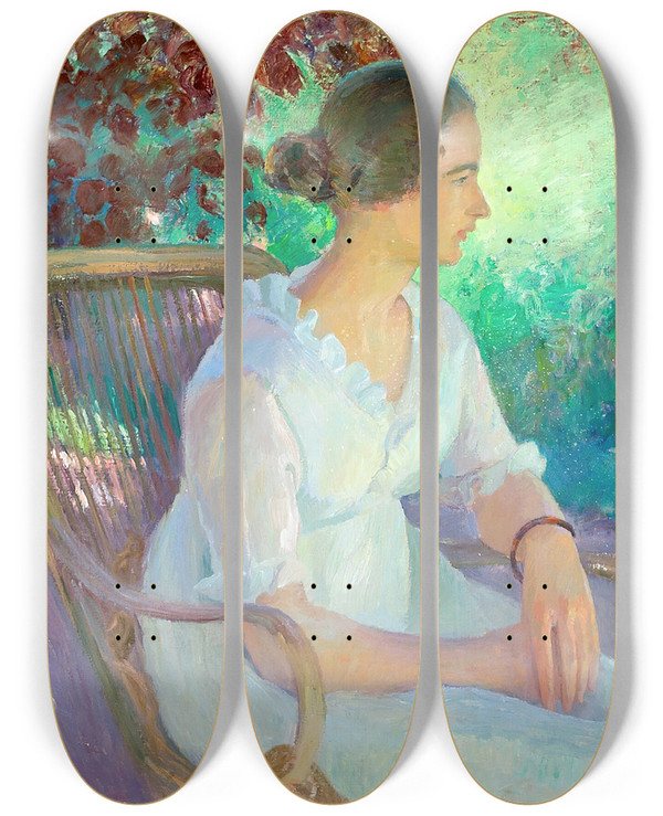 Triptych art skateboard deck of Henrik Schouboe Haveexterir Med Siddende Kvinde I Lys Kjole by Henrik Schouboe (1876-1949)