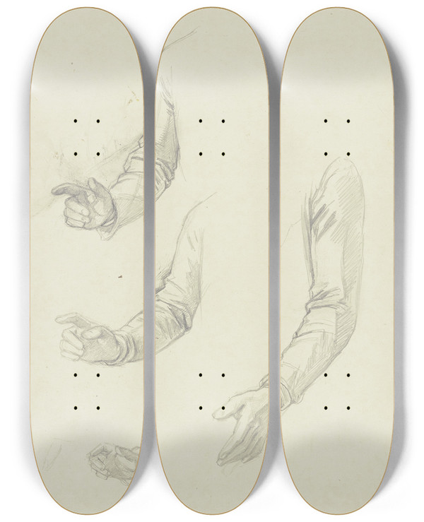 Triptych art skateboard deck of Jakob Becker Studienblatt Gestikulierende Arme by Jakob Becker (1810-1872)