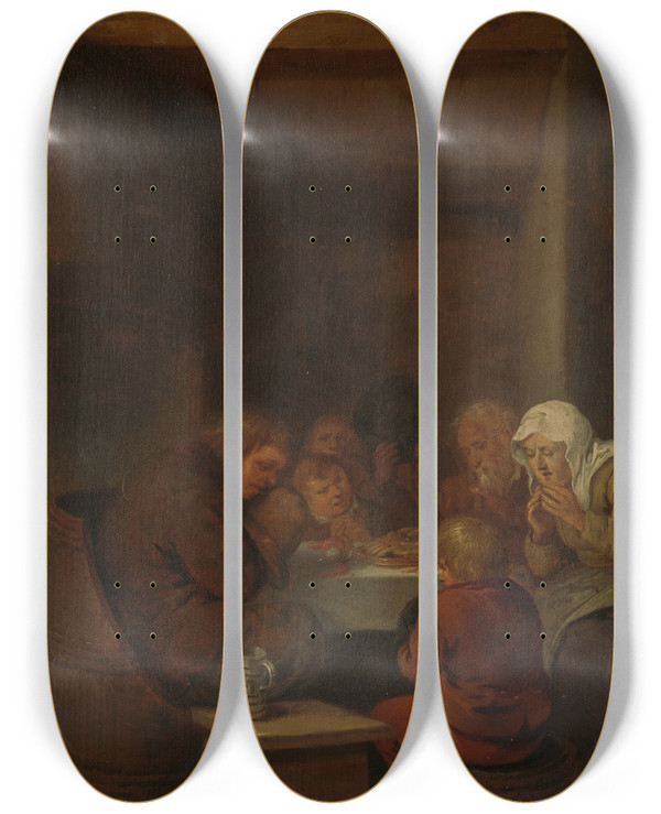 Triptych art skateboard deck of Jan Miense Molenaer Saying Grace_1 by Jan Miense Molenaer (1610-1668)