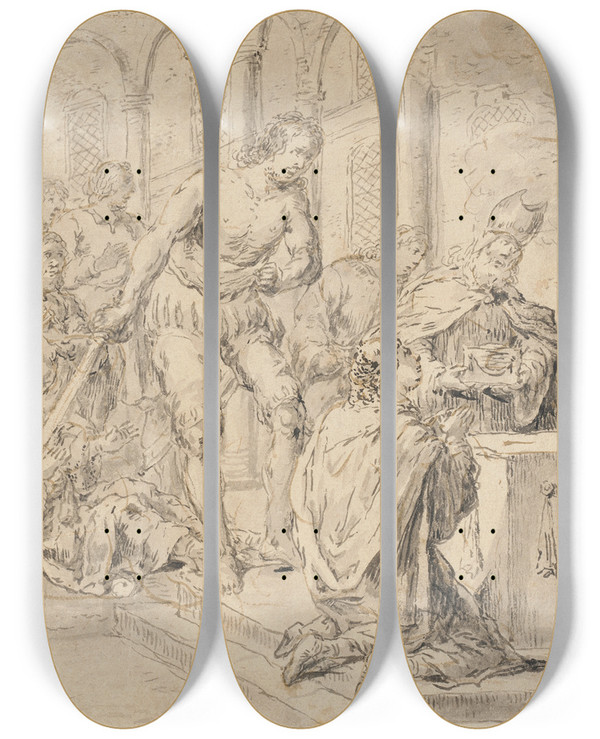 Triptych art skateboard deck of Leonaert Bramer Sacrificial Scene by Leonaert Bramer (1596-1674)