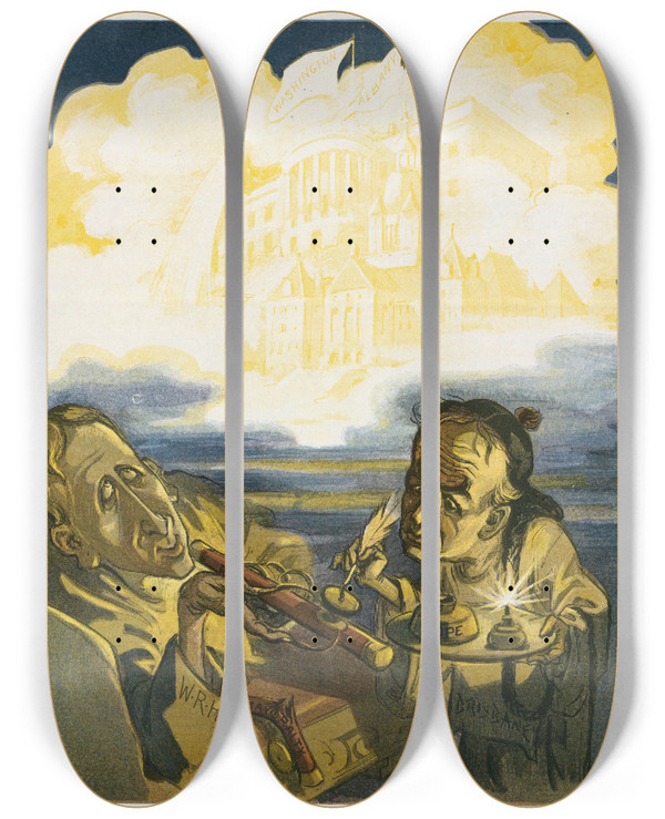 Triptych art skateboard deck of Udo Keppler A Saffron Dream by Udo Keppler (1872-1956)