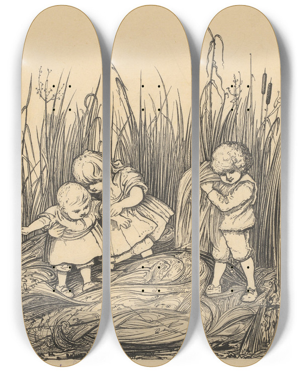 Triptych art skateboard deck of Willem Pothast Drie Kinderen In Het Riet by Willem Pothast (1877-1916)