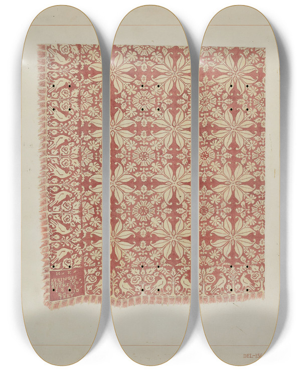 Triptych art skateboard deck of James M Lawson Woven Coverlet by James M Lawson