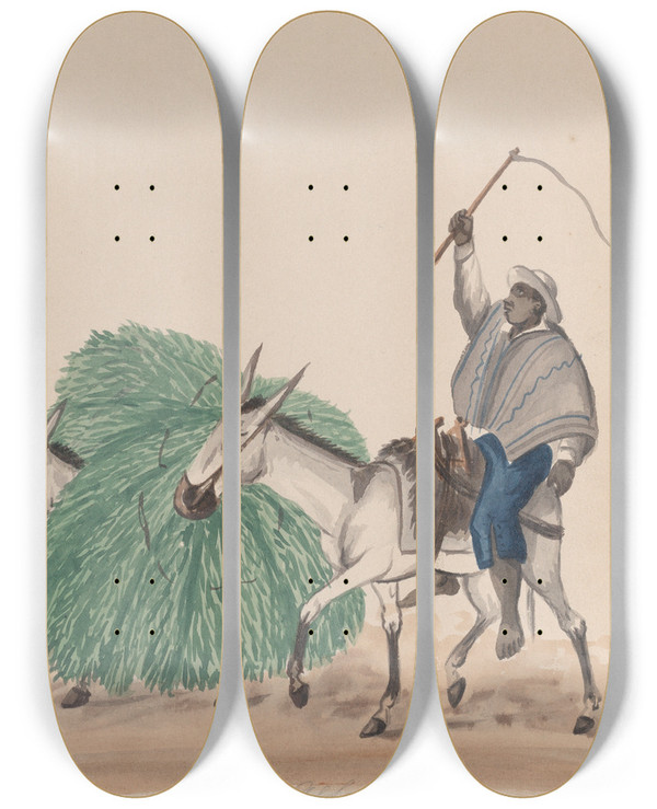Triptych art skateboard deck of Francisco Fierro A Man Riding A Mule His Whip Raised Another Mule Loaded With Grass Alongside by Francisco Fierro (1807-1879)