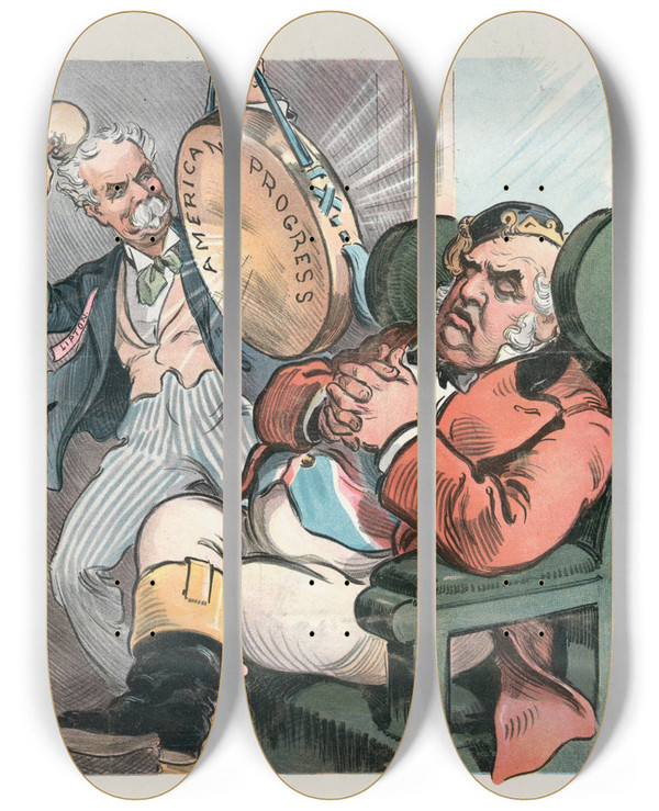 Triptych art skateboard deck of Udo Keppler A Sound Sleeper by Udo Keppler (1872-1956)