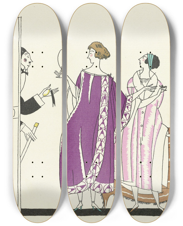 Triptych art skateboard deck of Charles Martin Jamais Prtes Ou Le Premier Acte Sacrifie Robes De Chez Soi De Becker Et Fils by Charles Martin (1884-1934)