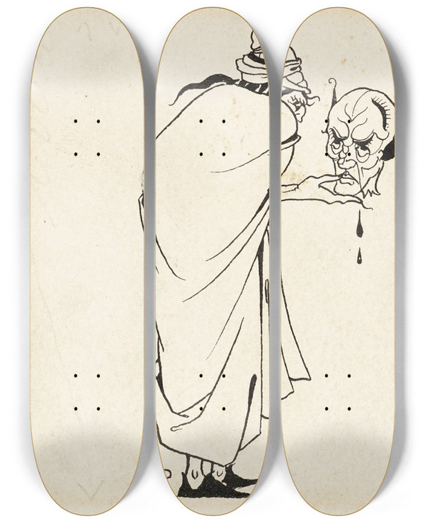 Triptych art skateboard deck of Aubrey Vincent Beardsley Man With Skull by Aubrey Vincent Beardsley (1872-1898)