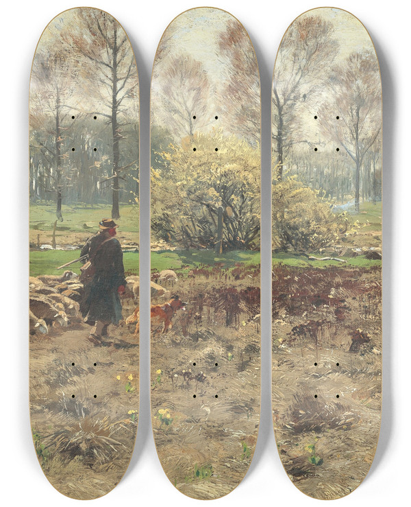 Triptych art skateboard deck of Hugo Mhlig Schfer Mit Seiner Herde Im Vorfrhling by Hugo Muhlig (1854-1929)