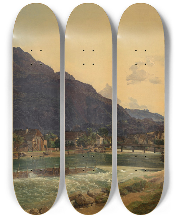 Triptych art skateboard deck of Ferdinand Georg Waldmller Die Traun Bei Ischl by Ferdinand Georg Waldmuller (1793-1865)