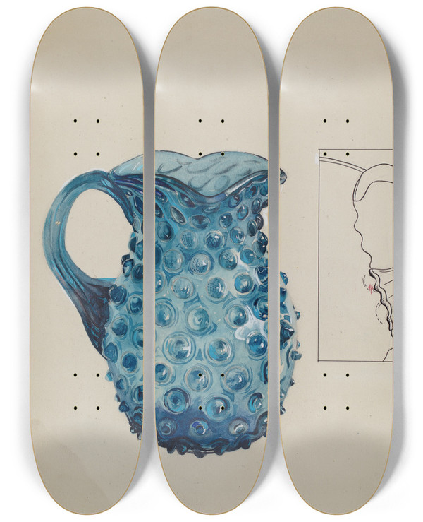 Triptych art skateboard deck of Ralph Atkinson Blue Hobnail Pitcher by Ralph Atkinson (20-)