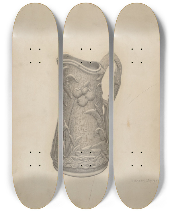 Triptych art skateboard deck of Richard Whitaker Parian Ware Syrup Pitcher by Richard Whitaker