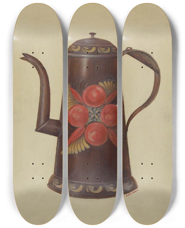 Triptych art skateboard deck of Max Soltmann Toleware Tin Coffee Pot by Max Soltmann
