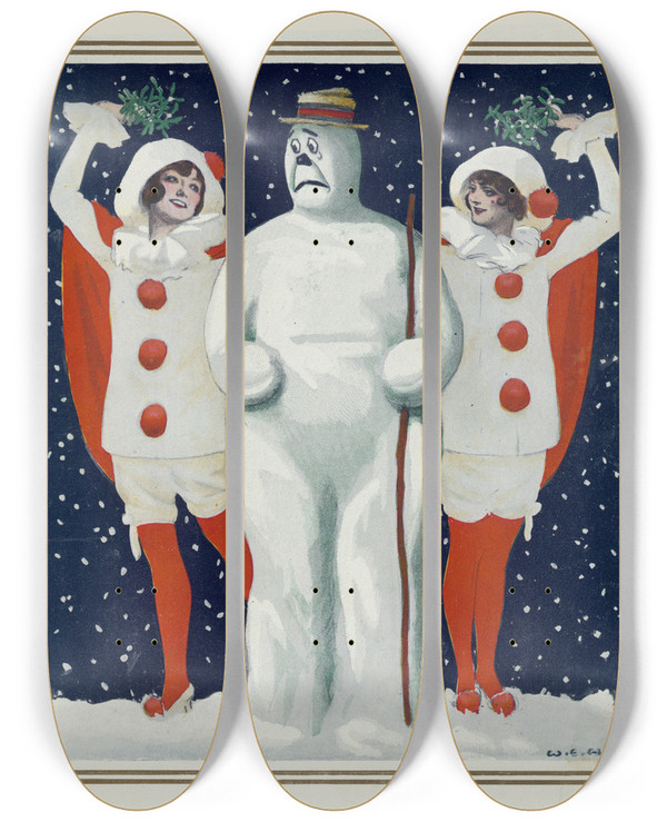 Triptych art skateboard deck of William Ely Hill Christmas Puck_2 by William Ely Hill (1887-1962)