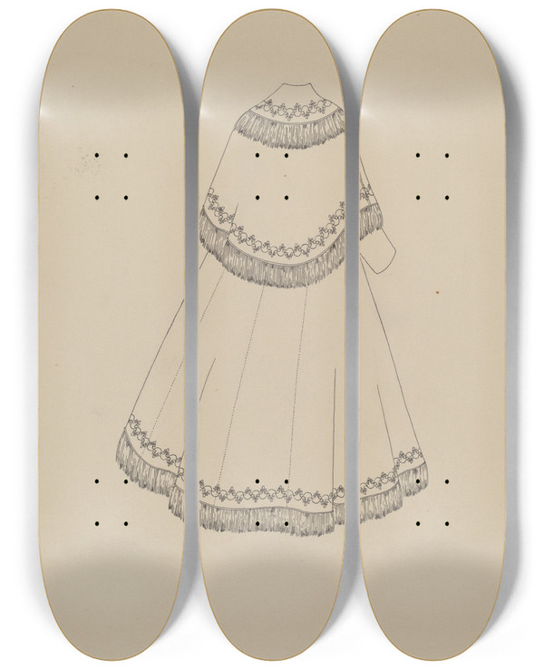 Triptych art skateboard deck of Mae A Clarke Coat by Mae A Clarke