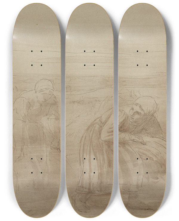Triptych art skateboard deck of Alphonse Legros Les Glaneuses by Alphonse Legros (1837-1911)