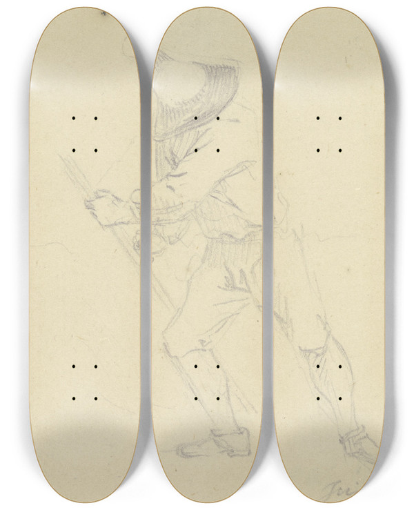 Triptych art skateboard deck of Daniel Nikolaus Chodowiecki Mowing Farmer by Daniel Nikolaus Chodowiecki (1726-1801)