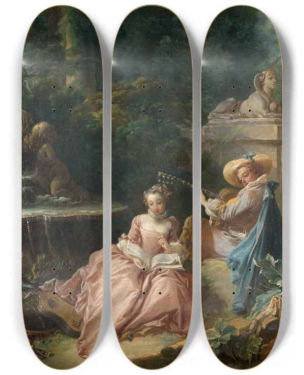 Triptych art skateboard deck of Franois Boucher La Leon De Musique by Francois Boucher (1703-1770)