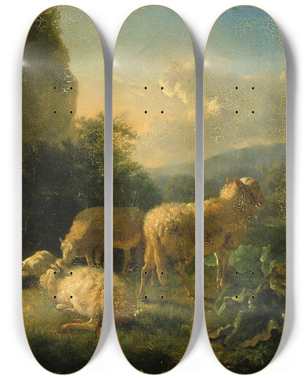 Triptych art skateboard deck of Balthasar Paul Ommeganck Sheep by Balthasar Paul Ommeganck (1755-1826)