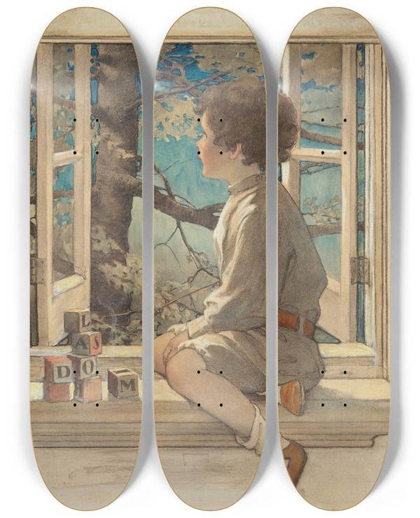 Triptych art skateboard deck of Jessie Willcox Smith Dream Blocks by Jessie Willcox Smith (1863-1935)