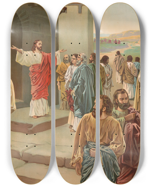Triptych art skateboard deck of Harris Jones Co The Twelve Sent Forth by Harris Jones Co (1868)