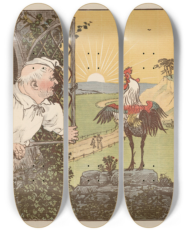 Triptych art skateboard deck of Randolph Caldecott The House That Jack Built Pl8 by Randolph Caldecott (1846-1886)