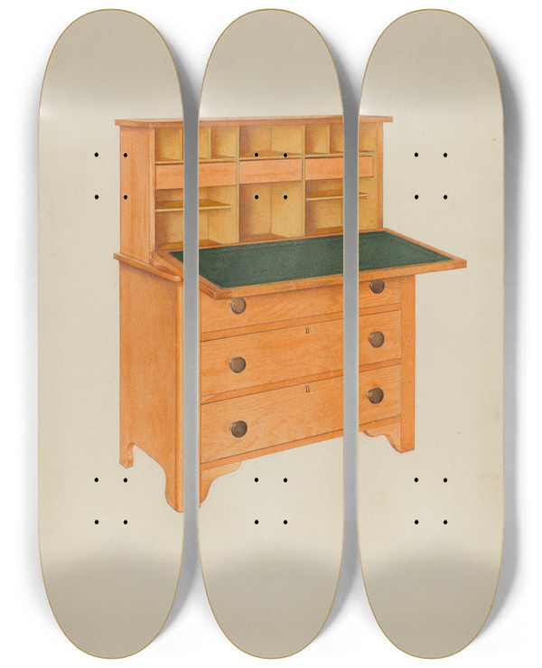 Triptych art skateboard deck of John W Kelleher Shaker Desk_3 by John W Kelleher