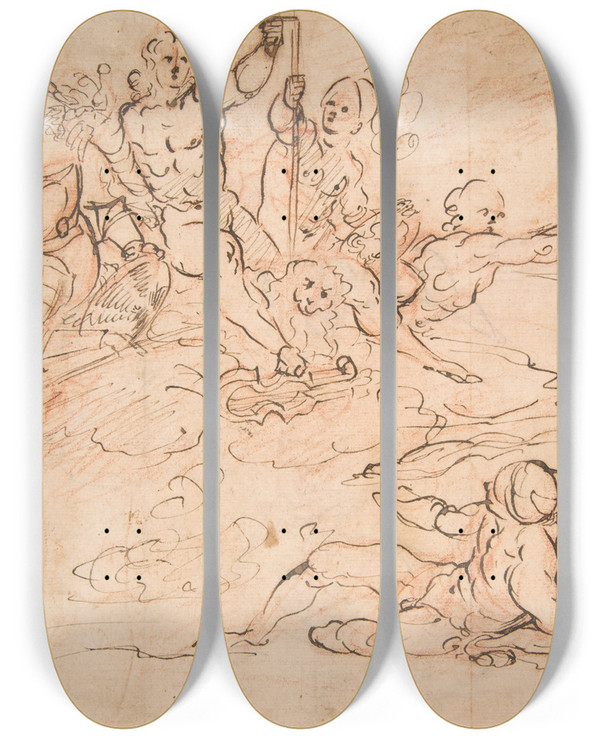 Triptych art skateboard deck of Orazio Samacchini Allegory by Orazio Samacchini (1532-1577)