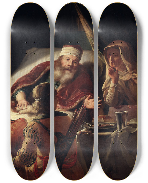 Triptych art skateboard deck of Abraham Van Dijck Isaac Blessing Jacob by Abraham Van Dijck (1635-1680)