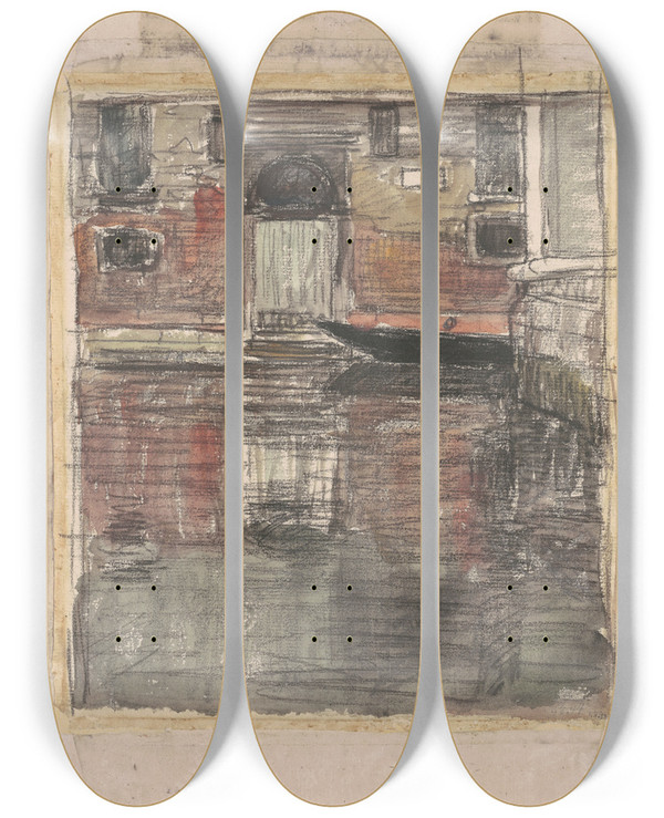 Triptych art skateboard deck of Eugne Vail Reflectionsvenetian Canal by Eugene Vail (1857-1934)