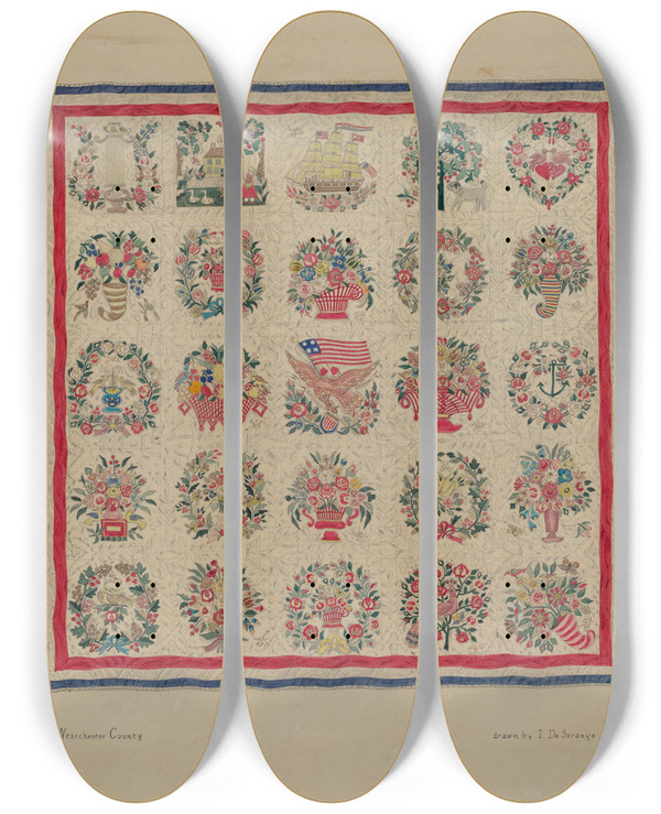 Triptych art skateboard deck of Isabelle De Strange Friendship Quilt by Isabelle De Strange