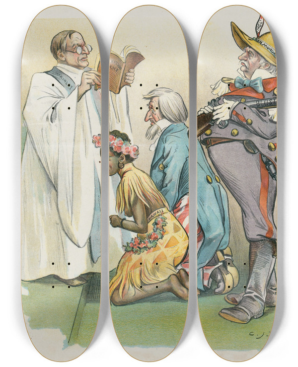 Triptych art skateboard deck of Charles Jay Taylor Another Shotgun Wedding With Neither Party Willing by Charles Jay Taylor (1855-1929)