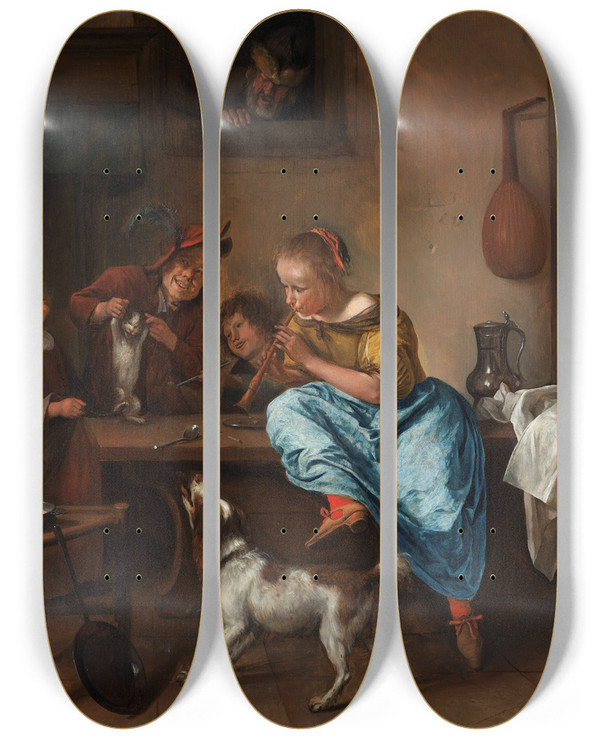 Triptych art skateboard deck of Jan Steen The Dancing Lesson by Jan Steen (1626-1679)