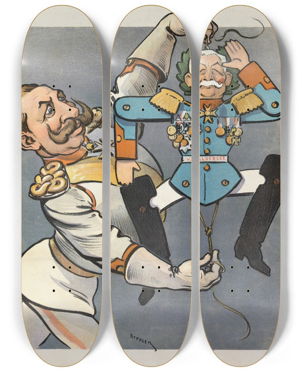 Triptych art skateboard deck of Udo Keppler His First Warhero by Udo Keppler (1872-1956)