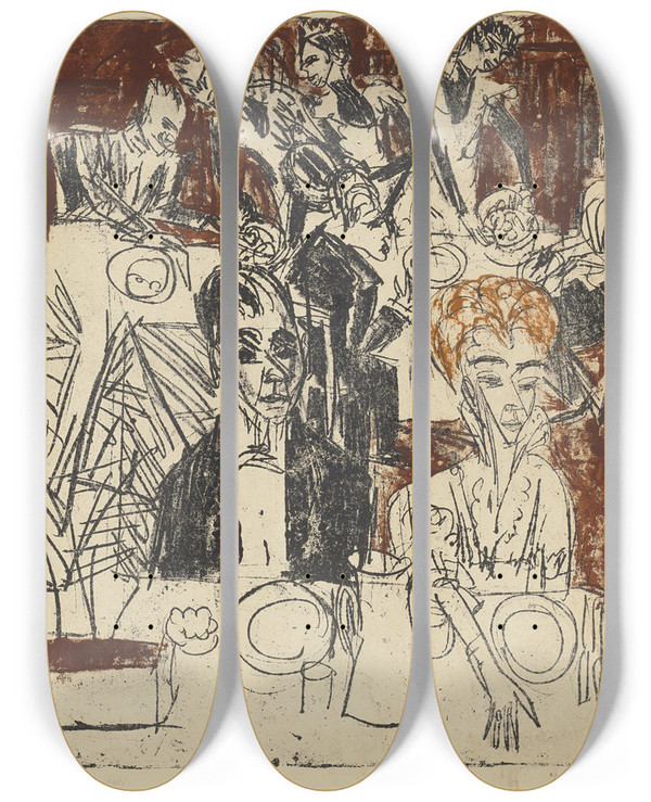 Triptych art skateboard deck of Ernst Ludwig Kirchner Das Mahl Im Sanatorium by Ernst Ludwig Kirchner (1880-1938)