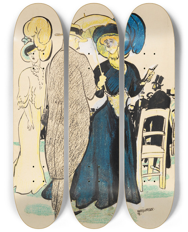 Triptych art skateboard deck of Albert Weisgerber Feine Gesellschaft by Albert Weisgerber (1878-1915)