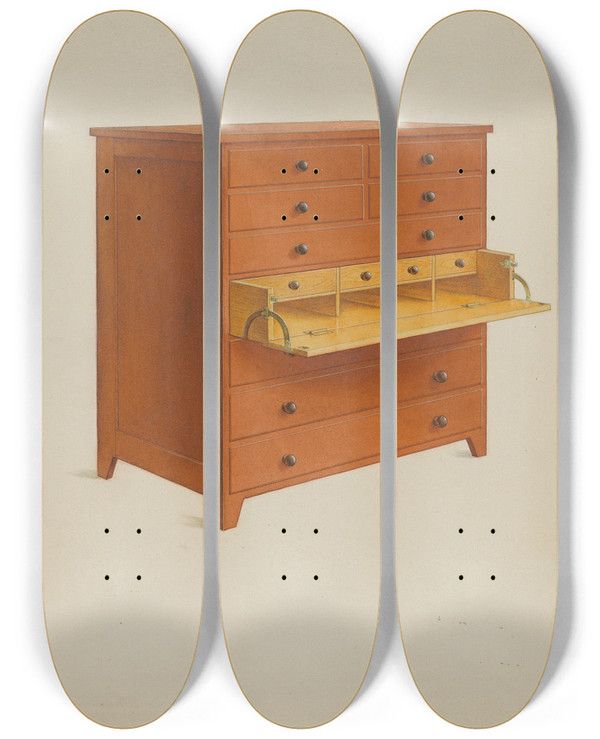Triptych art skateboard deck of John W Kelleher Shaker Desk_1 by John W Kelleher