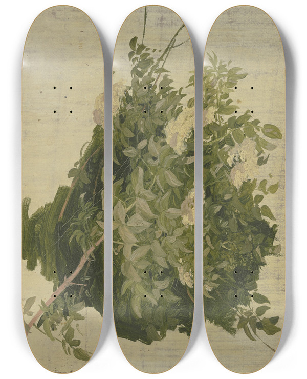 Triptych art skateboard deck of Philipp Rumpf Bush With White Blossoms by Philipp Rumpf (1821-1896)
