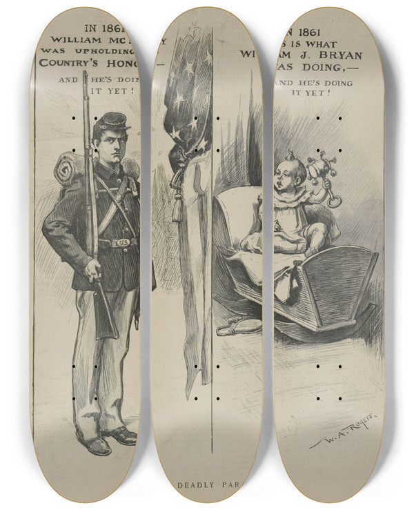 Triptych art skateboard deck of William Allen Rogers The Deadly Parallel by William Allen Rogers (1854-1931)