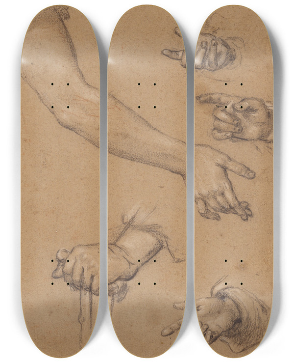 Triptych art skateboard deck of Alphonse Legros Studies Of Hands_2 by Alphonse Legros (1837-1911)