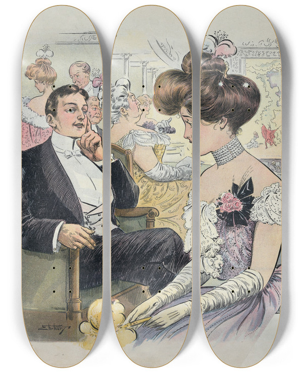 Triptych art skateboard deck of Samuel Ehrhart For The Favored Few by Samuel Ehrhart (1862-1937)