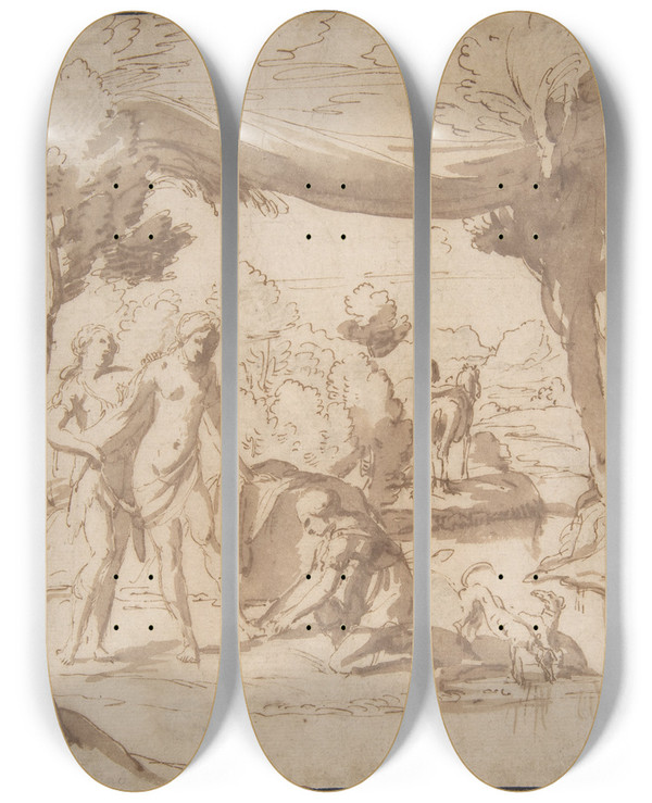 Triptych art skateboard deck of Francesco Albani Diana Bathing by Francesco Albani (1578-1660)