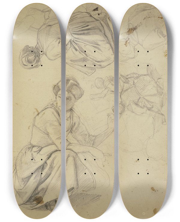 Triptych art skateboard deck of Jakob Becker Study Sheet Kneeling Woman 2 by Jakob Becker (1810-1872)