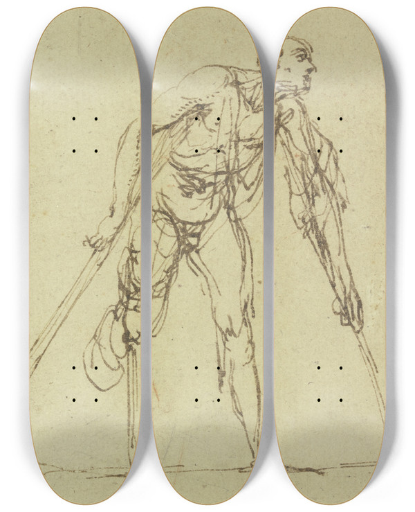 Triptych art skateboard deck of Jacques Callot Beggar With Two Crutches by Jacques Callot (1592-1635)