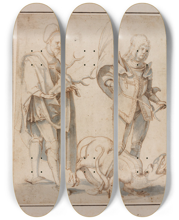 Triptych art skateboard deck of Hans Von Kulmbach Saint Eustace And Saint George by Hans Von Kulmbach (1480-1522)