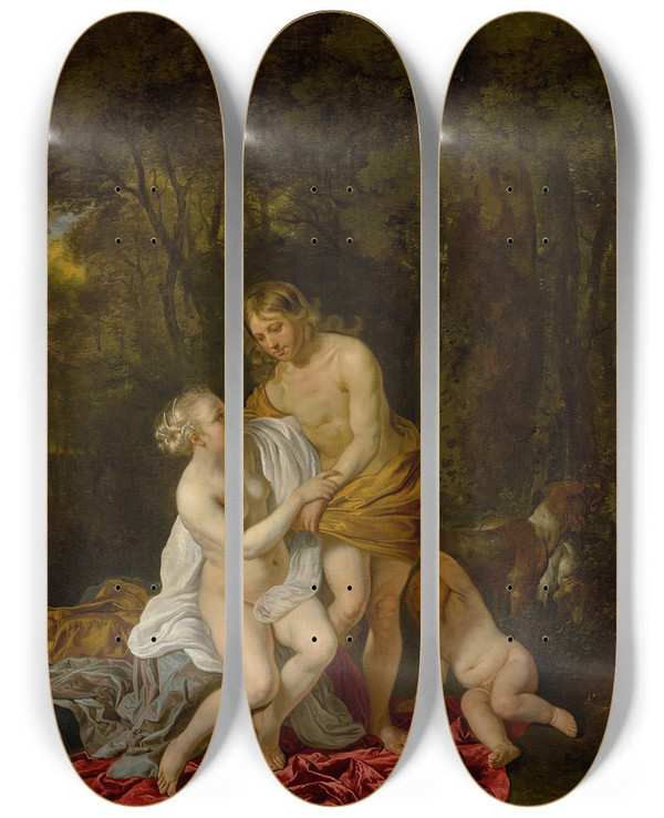 Triptych art skateboard deck of Jacob Van Loo Venus And Adonis by Jacob Van Loo (1614-1670)