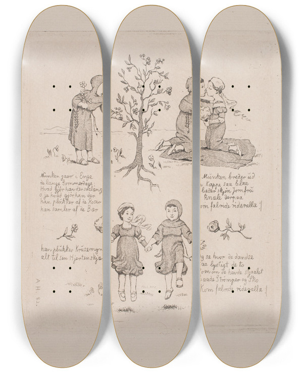 Triptych art skateboard deck of Axel Helsted Munken Gr I Enge by Axel Helsted (1847-1907)