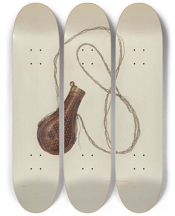 Triptych art skateboard deck of Benjamin Von Lutze Powder Flask by Benjamin Von Lutze