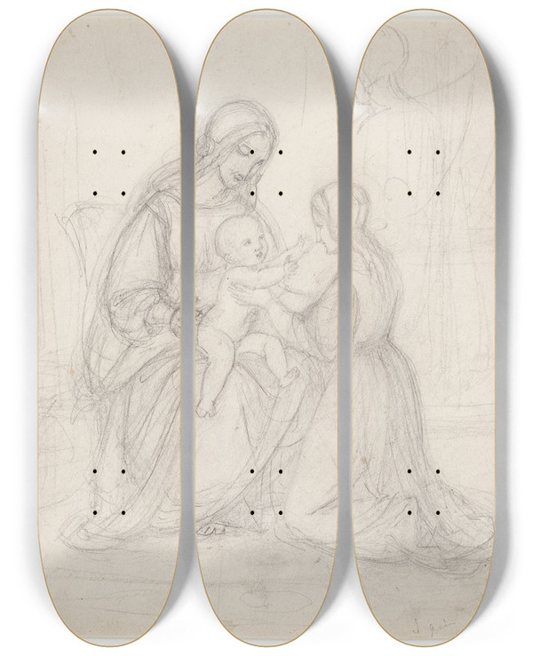 Triptych art skateboard deck of Johan Ludvig Lund Siddende Madonna Med Barn Og Knlende Kvinde by Johan Ludvig Lund (1777-1867)