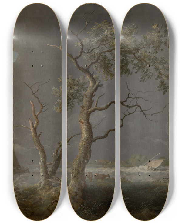 Triptych art skateboard deck of Allaert Van Everdingen Trees By The Water by Allaert Van Everdingen (1621-1675)
